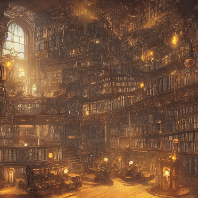 A digital illustration of a steampunk library with clockwork mac