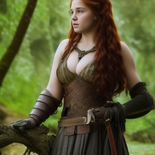 photo of a young woman warrior with large boobs, forest, game of