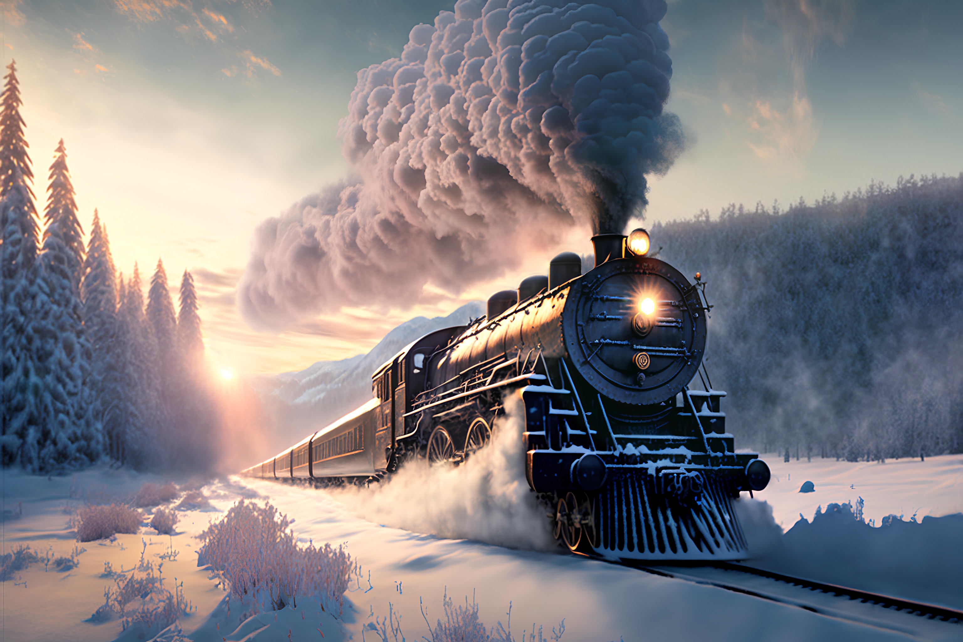 Steam Train Driving Through The Snow The Polar Express Scenic 
