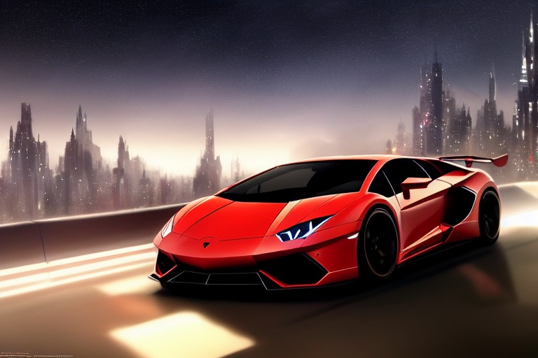a Lamborghini sports car in motion (((at night))), high speed, m... -  