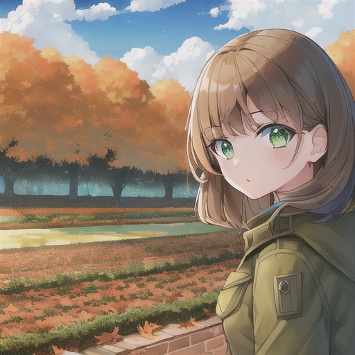 1girl Brown Hair Green Eyes Colorful Autumn Cumulonimbus Clouds 