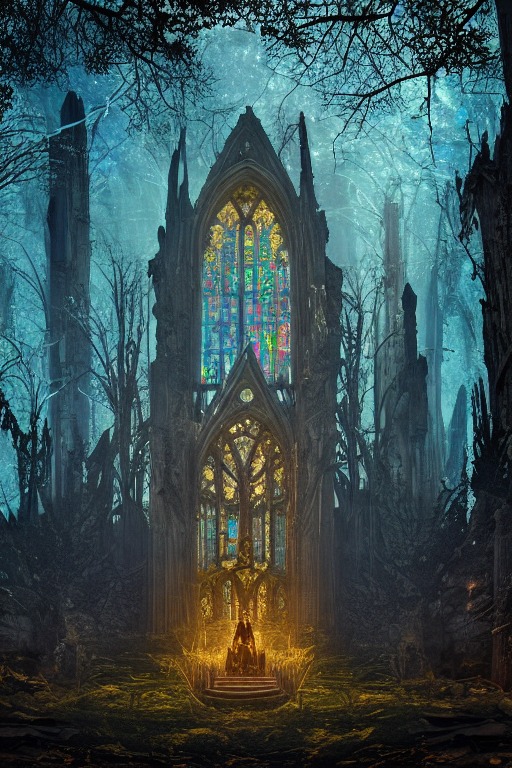 Huge gothic ruins with colored stained-glass in a dark forest wi ...