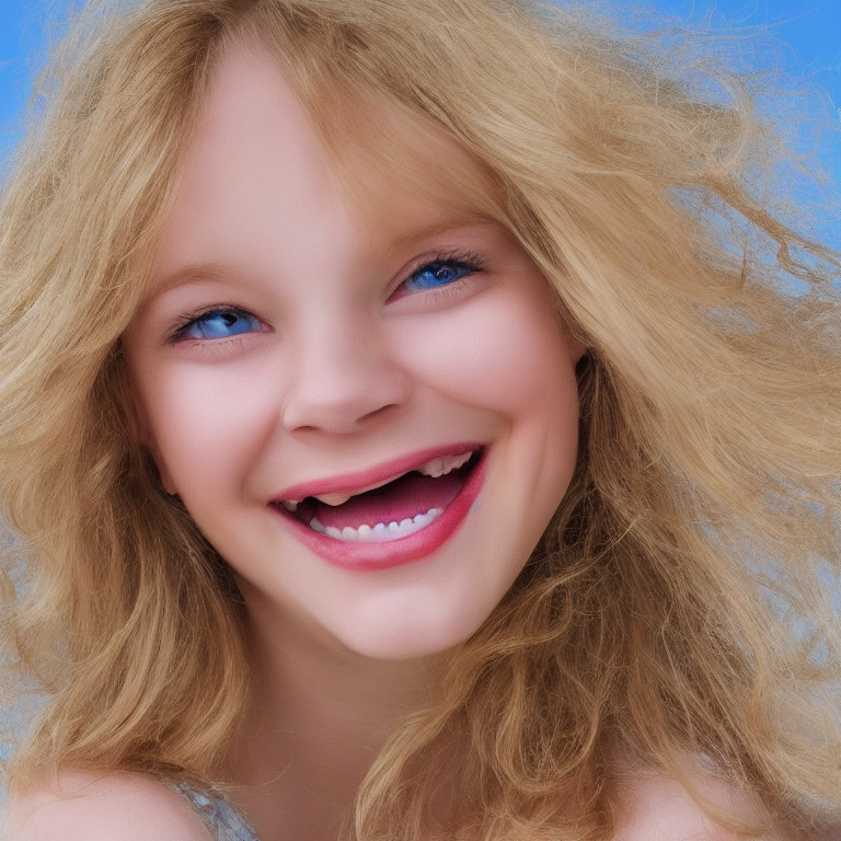 Portrait Of A Very Skinny Blonde Girl With Big Blue Eyes Smilin