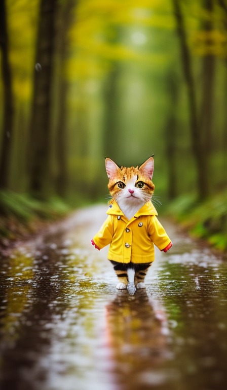 tiny cute (happy1. 4) cat in a (yellow raincoat1. 3) in the woods, rain ...