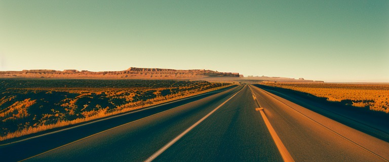 Analog style - A vintage car driving down a deserted highway at