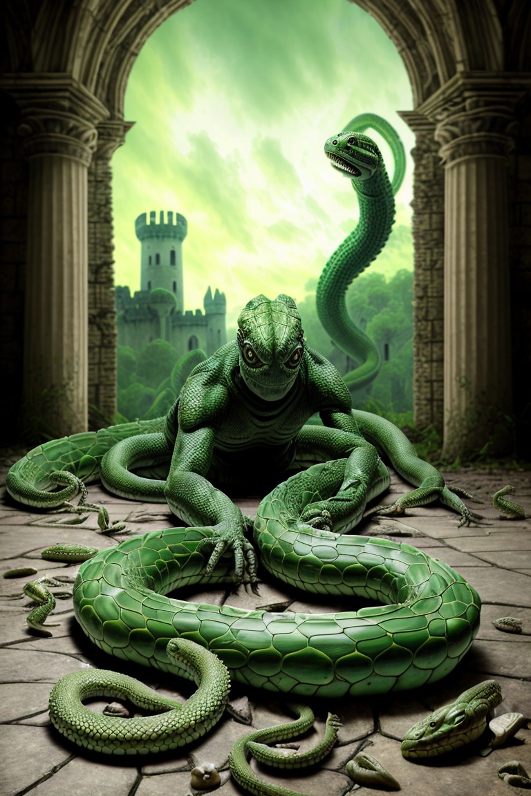 Realistic Photo Hybrid Reptile Human Warrior Tentacles Big Green Snake 