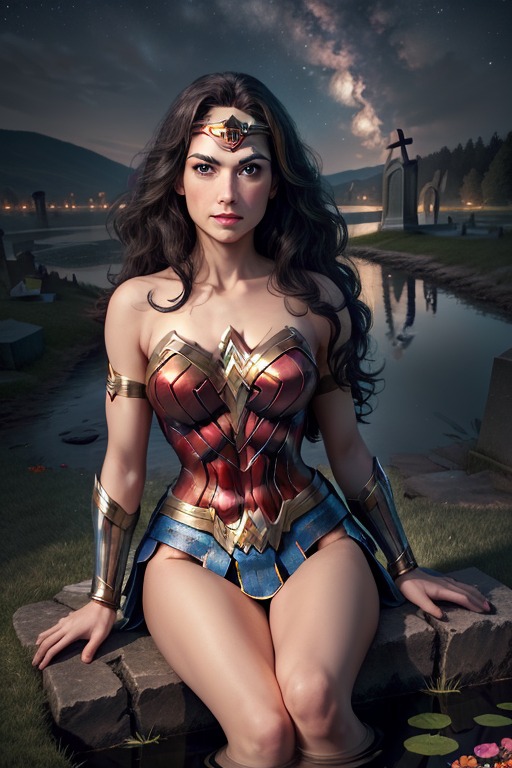 scantily-clad wonder-woman, sitting, lingerie, lake at night, fl