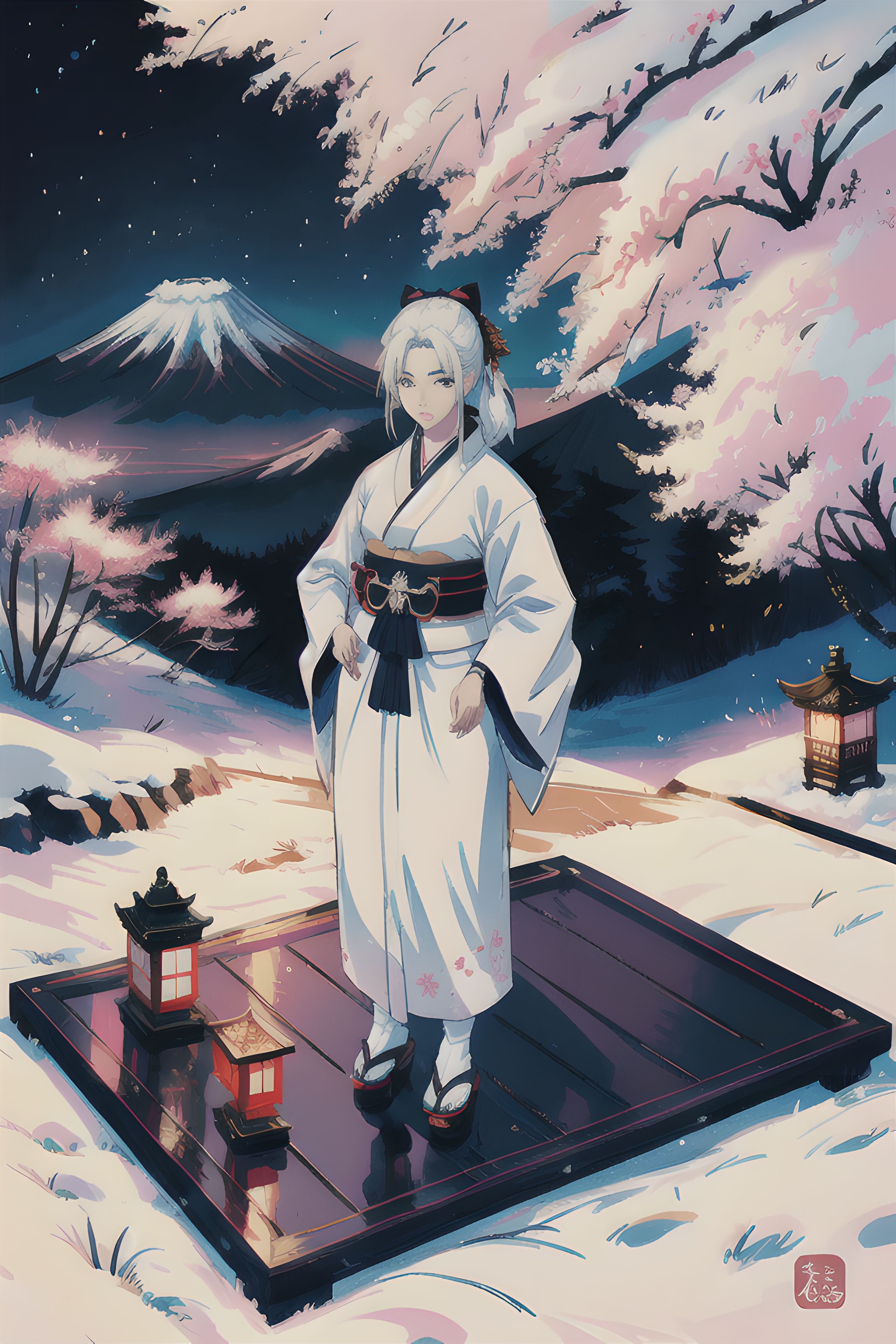 Anime girl, white hair, samurai
