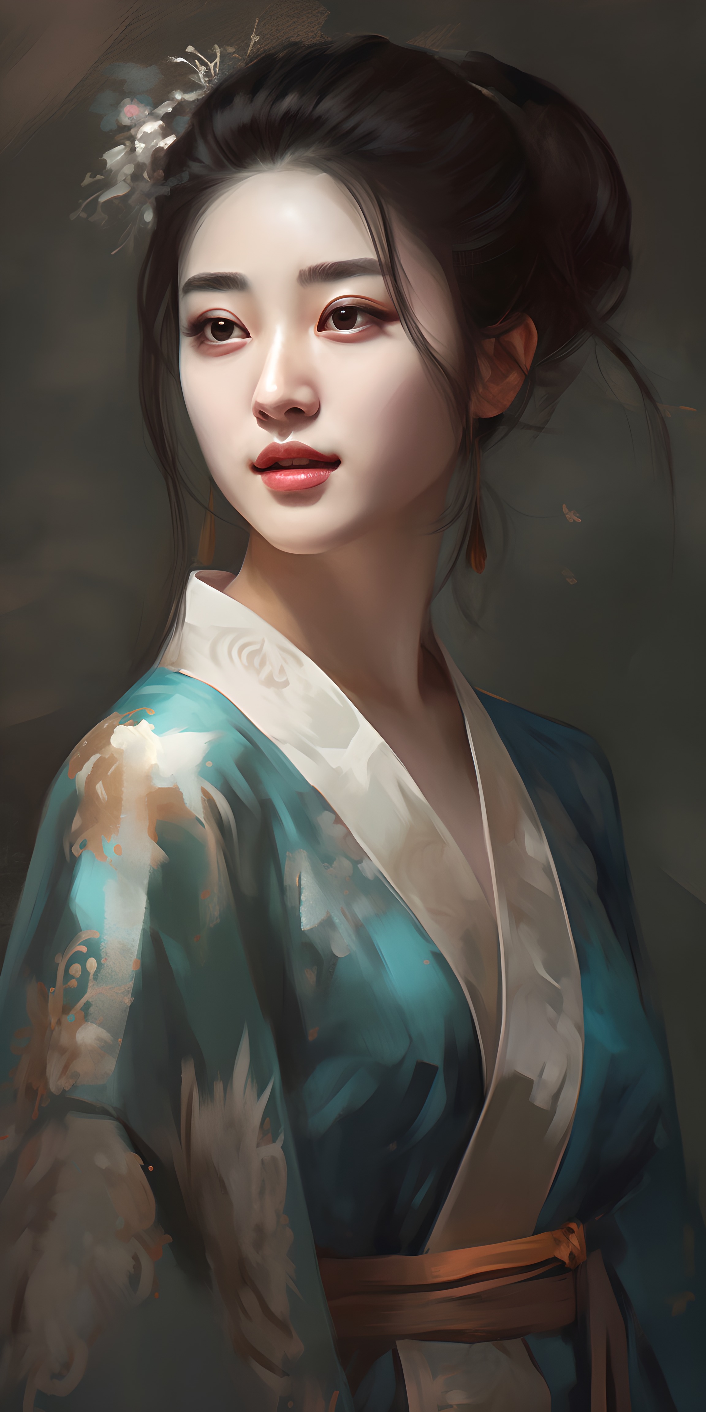 A digital painting of a beautiful chinese girl standing and posi