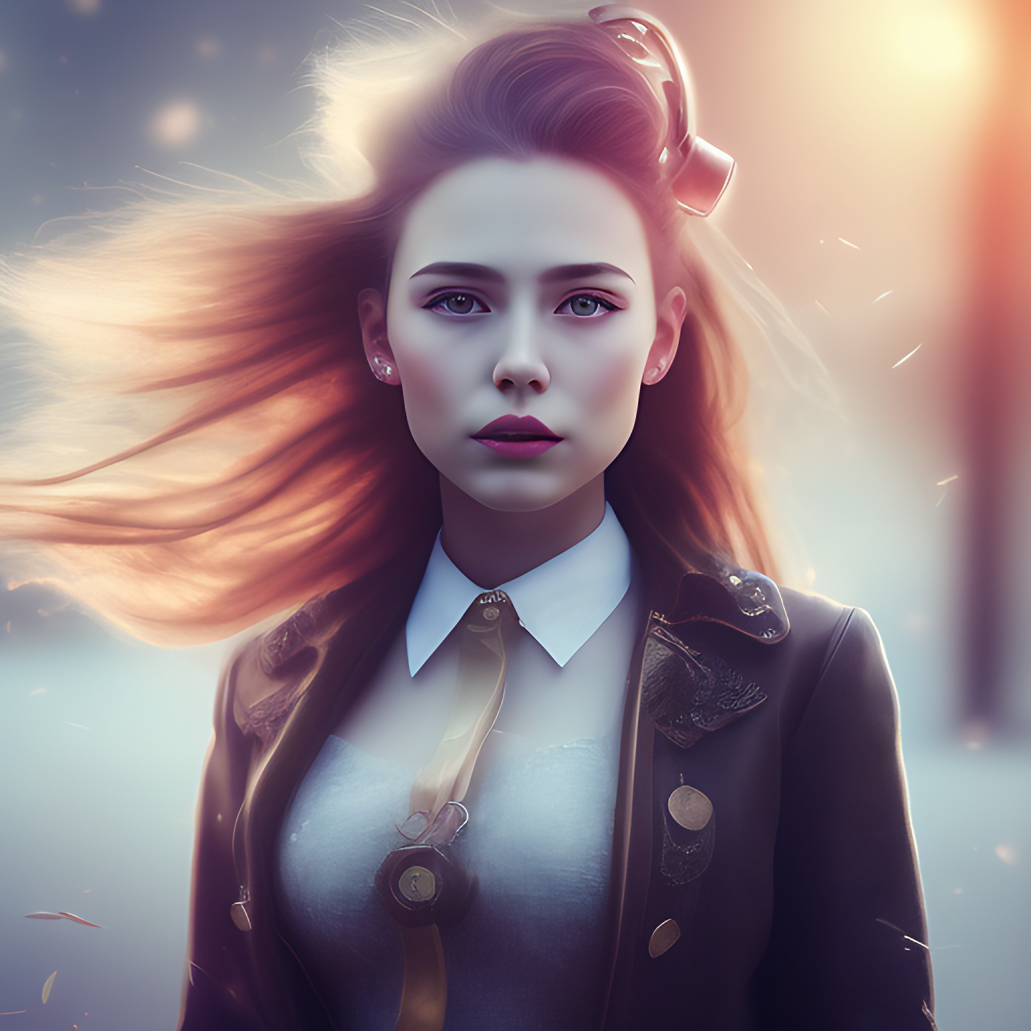 Detailed Close Up Portrait Of Girl Standing In A Steampunk City