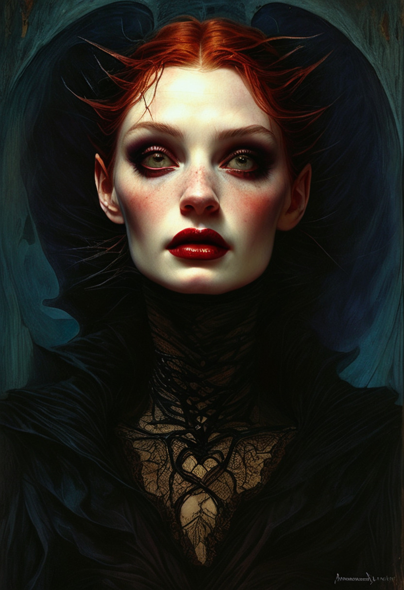 a painting of a woman in a dress, beautiful scary female vampire ...